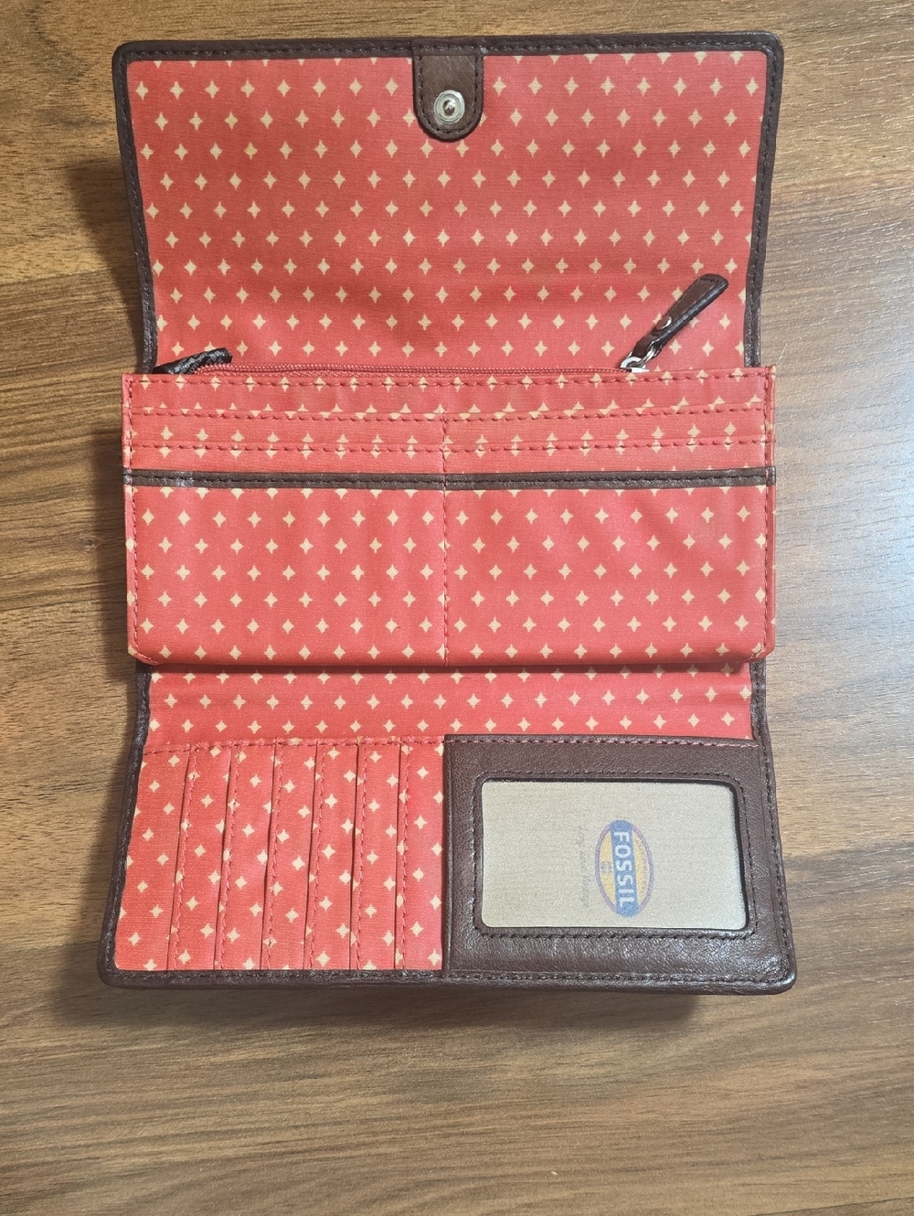 FOSSIL Wallet Tri-fold KEY-PER Coated Canvas Giraffe Print Brown Leather Trim - Picture 5 of 11